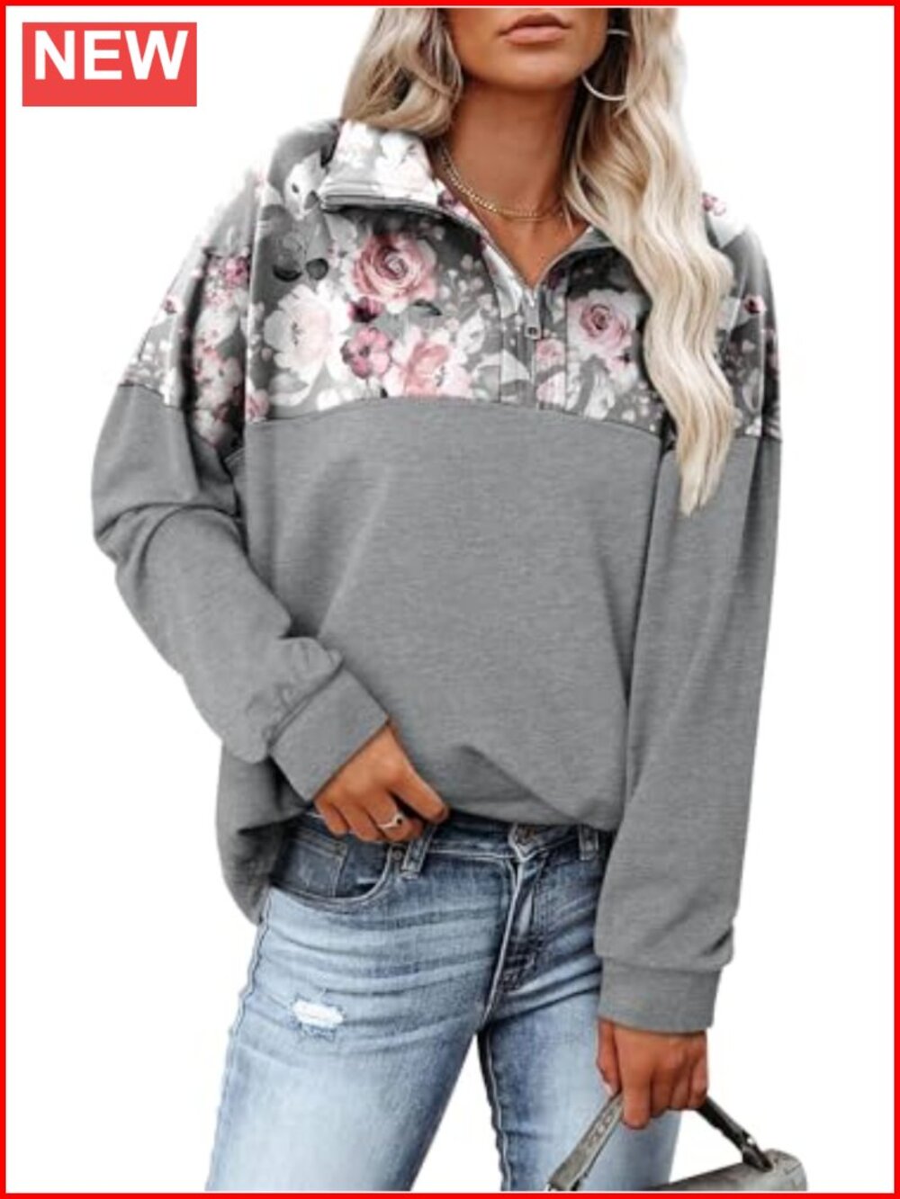 Waffle Knit Half Zip Pullover Sweatshirt Loose Fit Long Sleeve Top